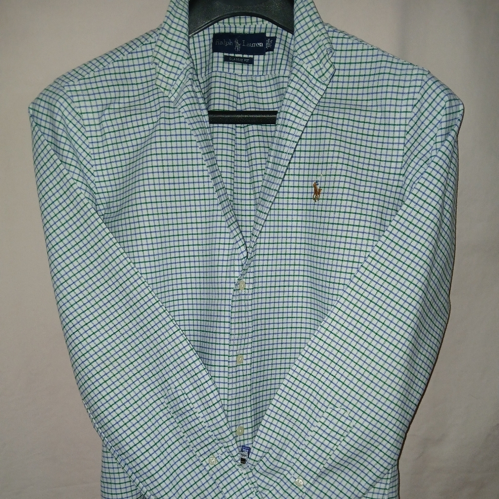Ralph Lauren Green and Blue Checkered Casual Button Down Shirt